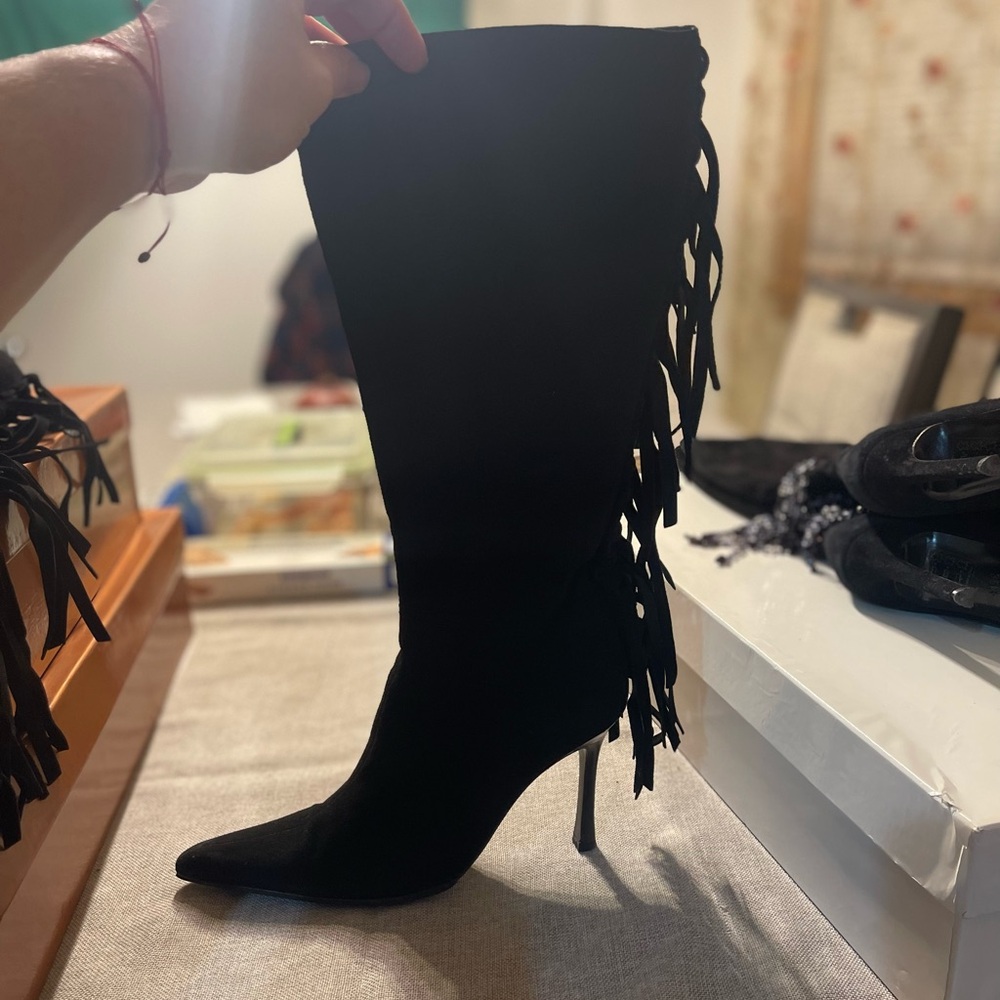 Black Suede Fringe Stiletto Knee-High Boot - Women